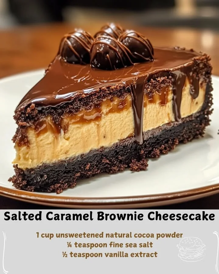 Delicious salted caramel brownie cheesecake topped with caramel drizzle.