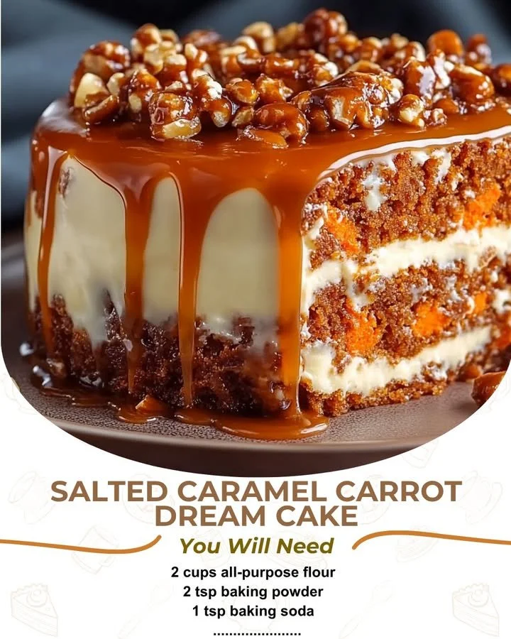 Delicious salted caramel carrot cake topped with creamy frosting and drizzled caramel