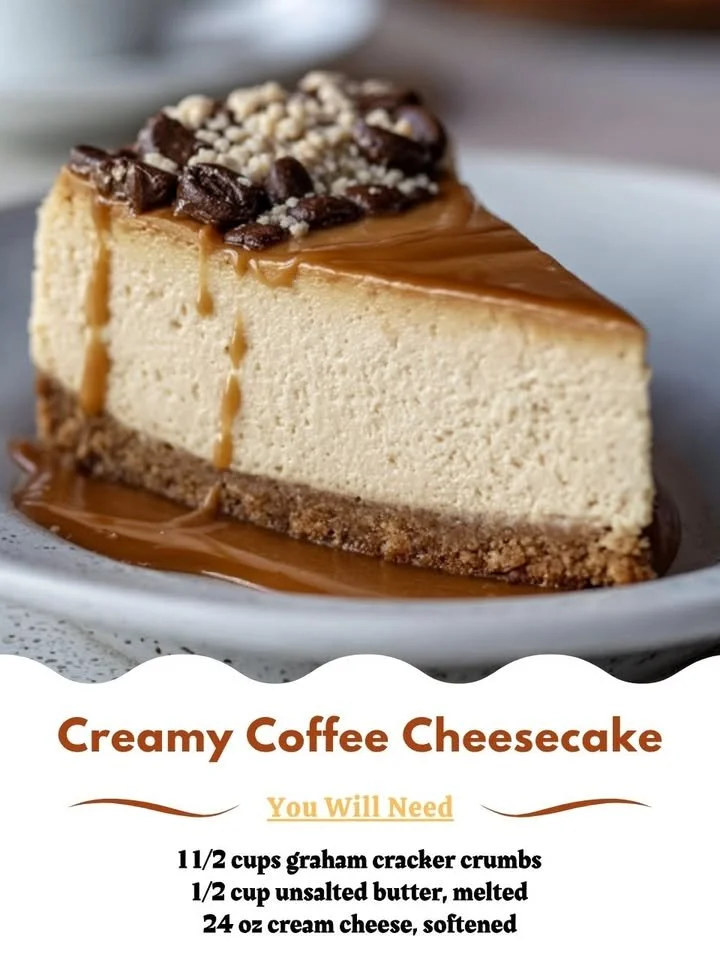 A delicious slice of silky coffee cheesecake topped with coffee beans.