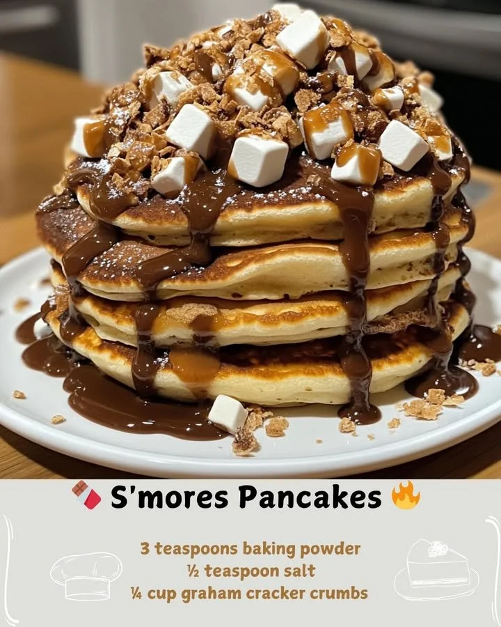 Delicious S'mores Pancakes topped with chocolate and marshmallows