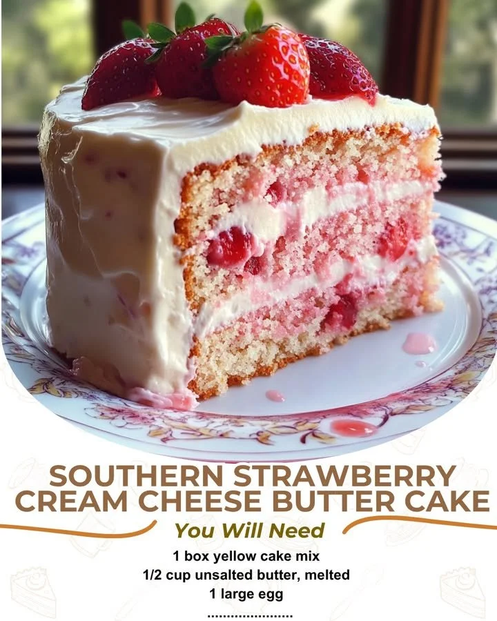 Delicious Southern Strawberry Cream Cheese Butter Cake topped with fresh strawberries.