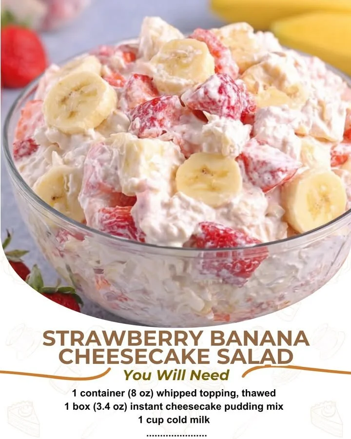 Delicious strawberry banana cheesecake salad in a bowl