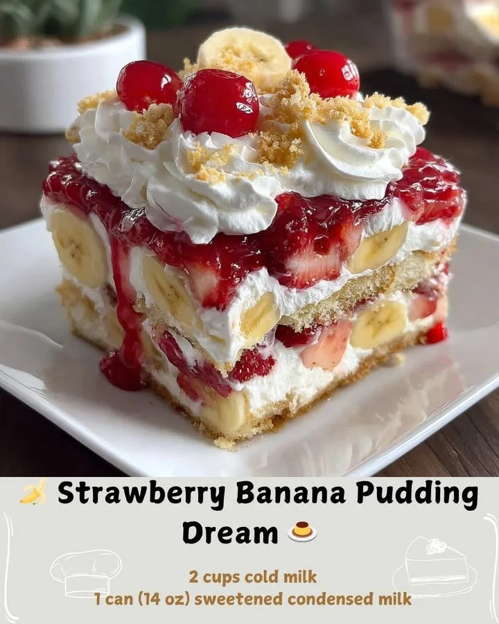 Delicious Strawberry Banana Pudding Dream with layers of fruit and creamy goodness.