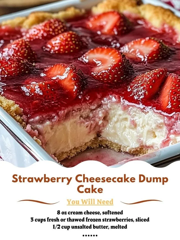 Delicious Strawberry Cheesecake Dump Cake topped with fresh strawberries and whipped cream