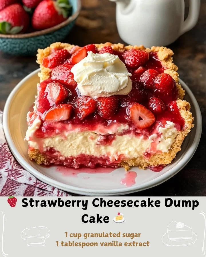 Slice of Strawberry Cheesecake Dump Cake on a plate
