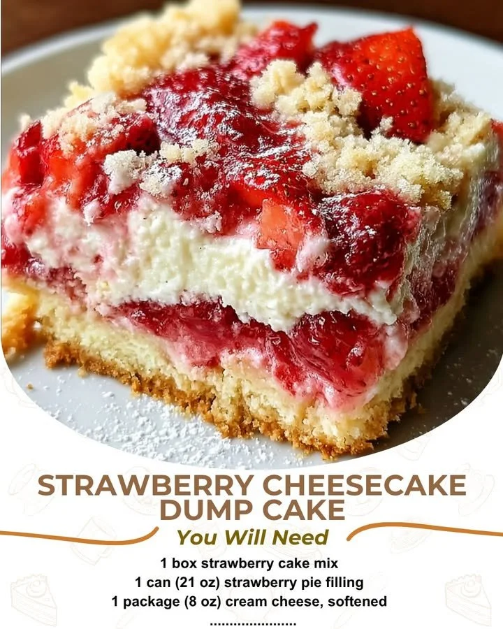 Slice of strawberry cheesecake dump cake on a plate with fresh strawberries
