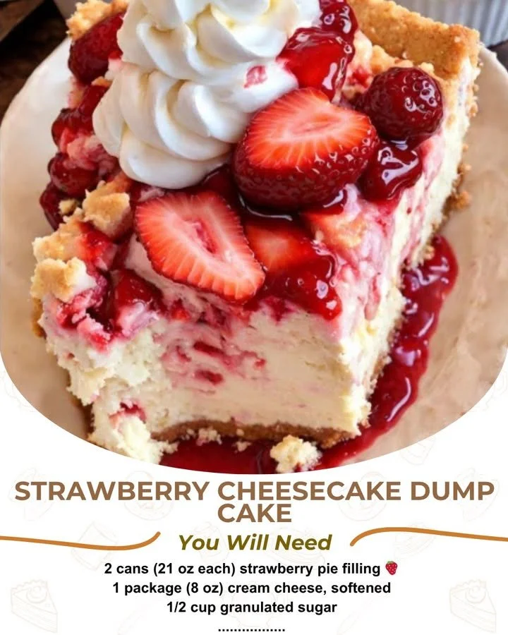 Delicious strawberry cheesecake dump cake served on a plate