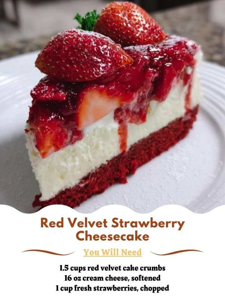 Strawberry Cheesecake in Red Velvet Style topped with fresh strawberries