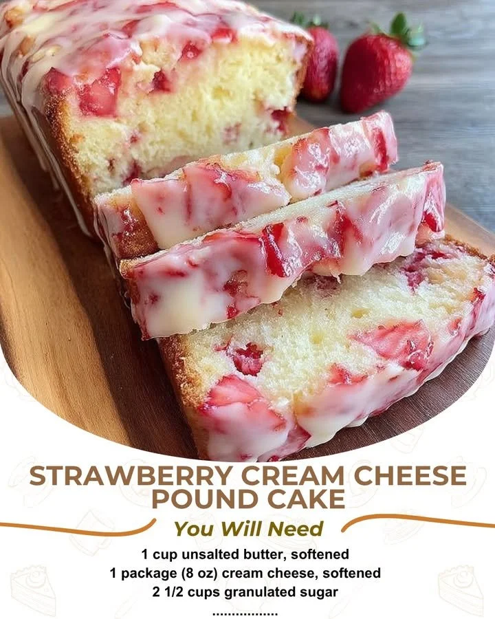 Slice of Strawberry Cream Cheese Pound Cake on a plate with fresh strawberries