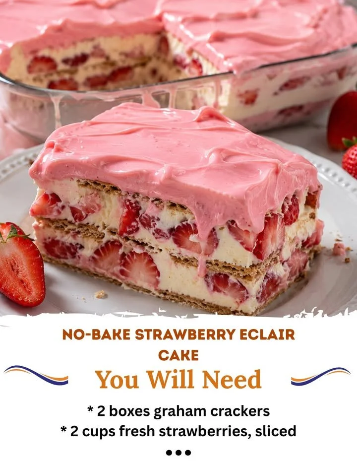 Delicious no-bake Strawberry Eclair Cake with fresh strawberries and cream