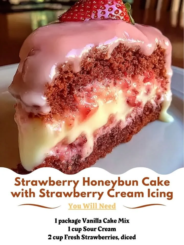 Strawberry Honeybun Cake with Creamed Strawberry Icing on a decorative plate