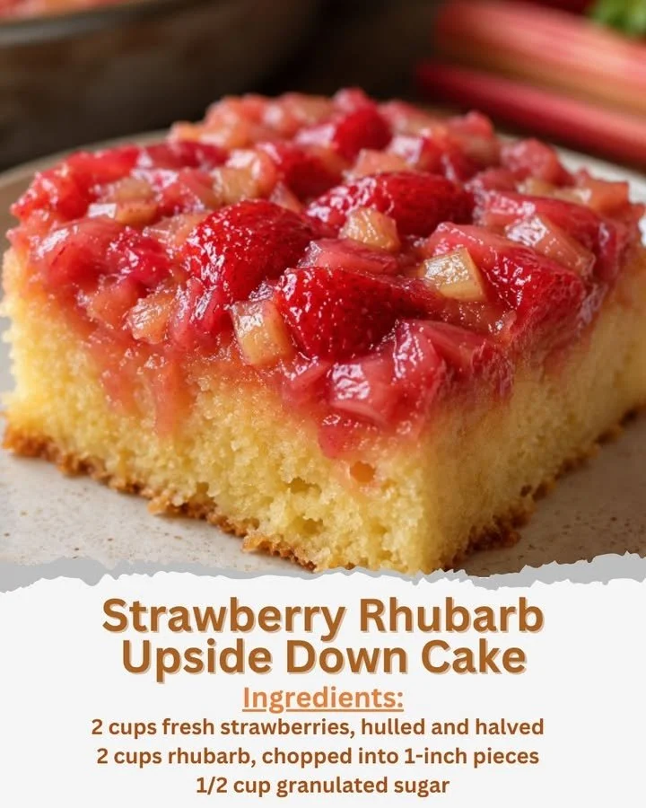 Strawberry Rhubarb Upside Down Cake with fresh strawberries and rhubarb