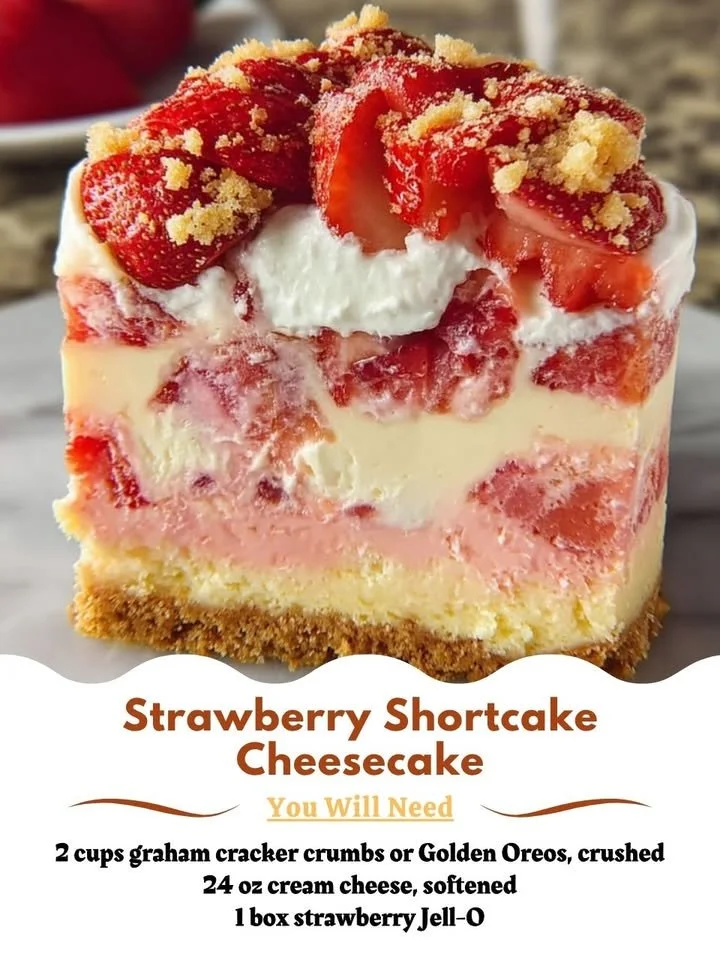 Strawberry shortcake cheesecake topped with fresh strawberries and whipped cream