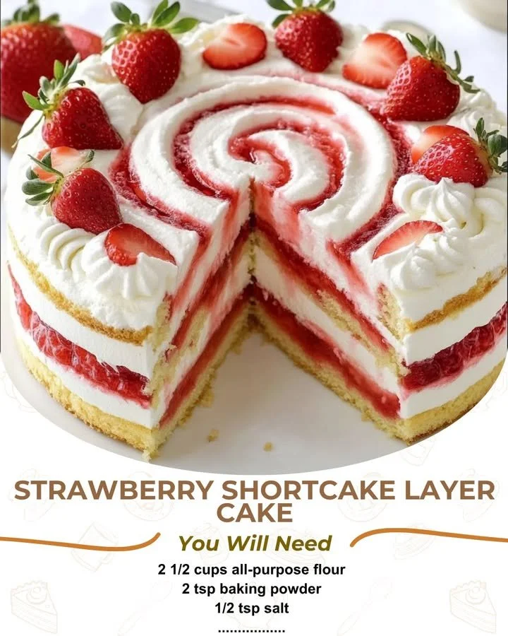 Delicious strawberry shortcake layer cake topped with fresh strawberries and cream.