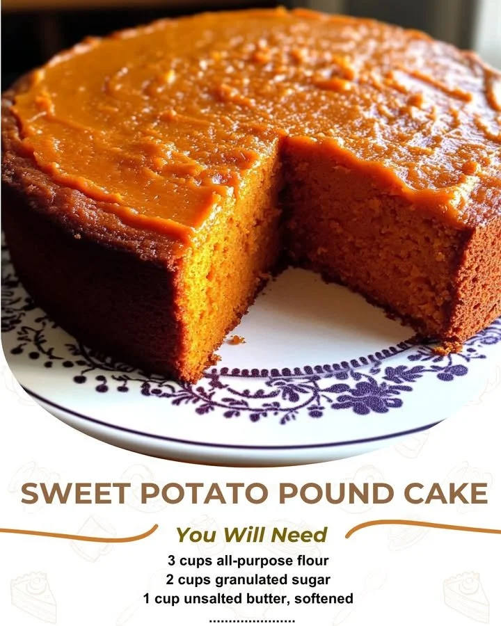 Delicious homemade sweet potato pound cake displayed on a rustic table
