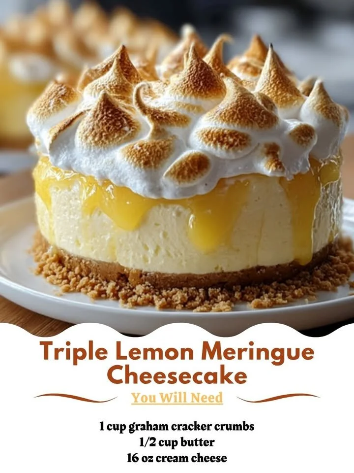 Triple lemon meringue cheesecake slice on a plate with a lemon garnish