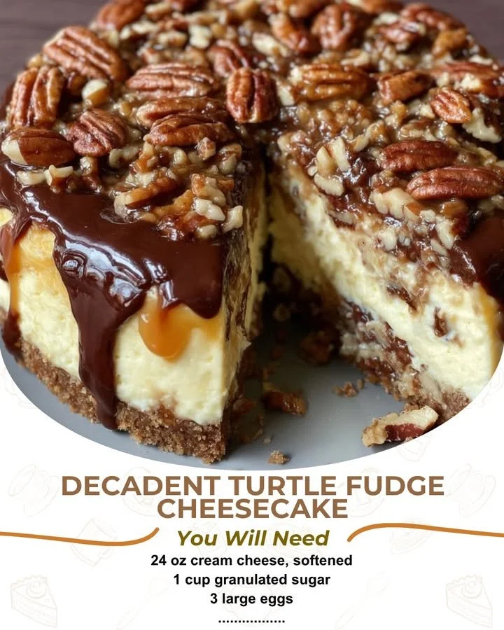 Delicious Turtle Fudge Cheesecake topped with caramel and nuts
