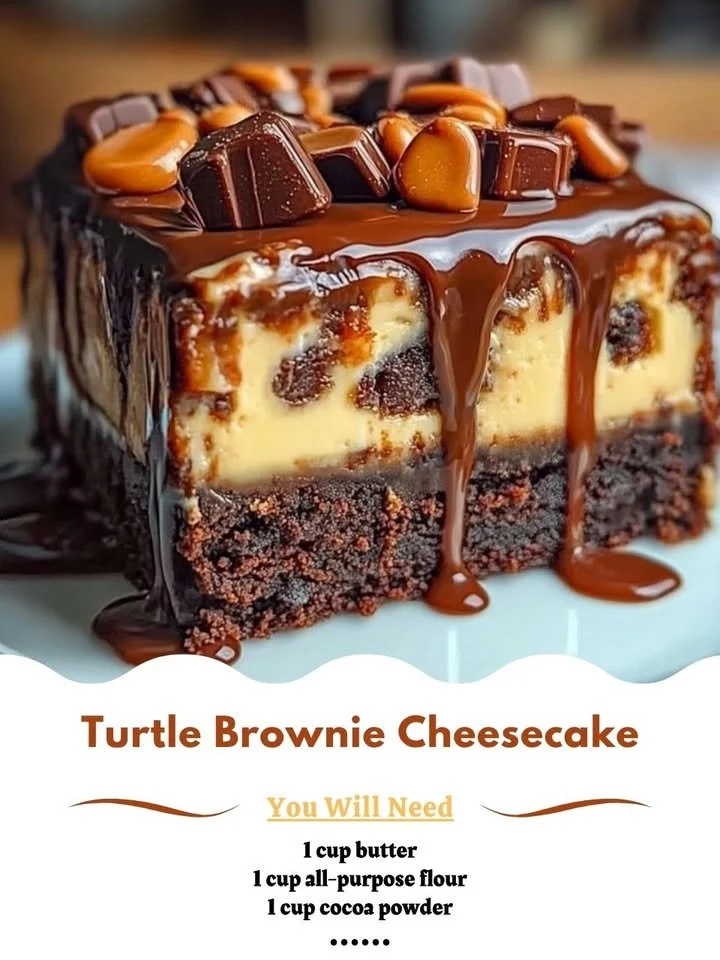 Turtle-inspired brownie cheesecake topped with caramel and nuts