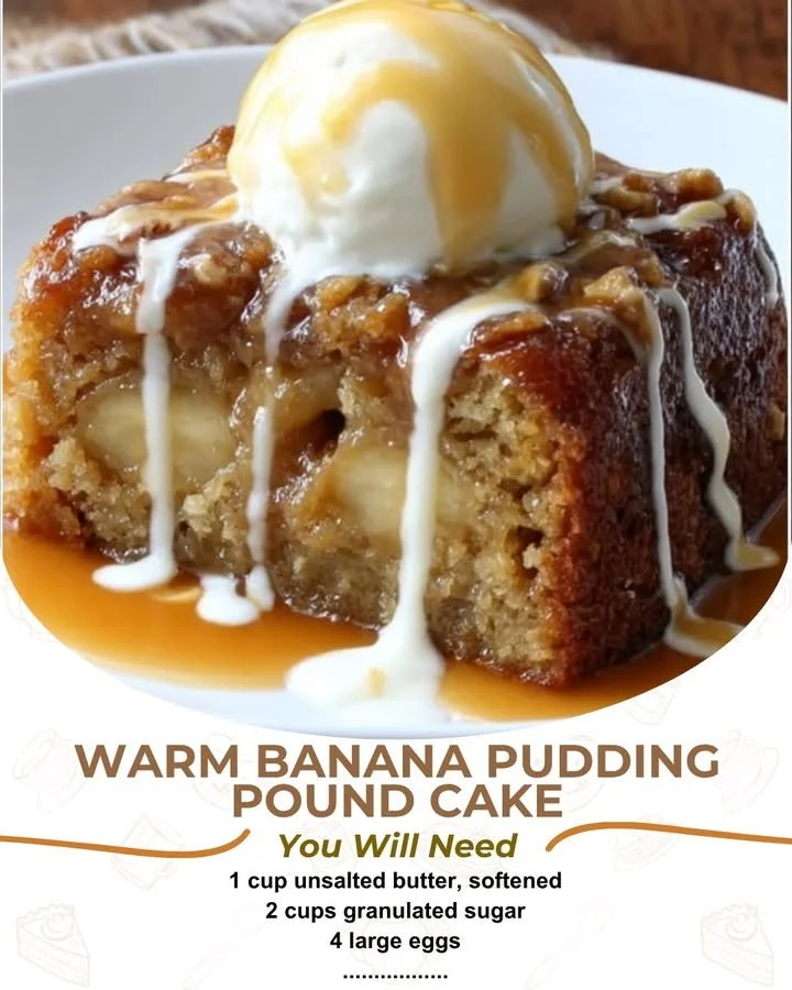 Warm banana pudding pound cake served with a creamy topping