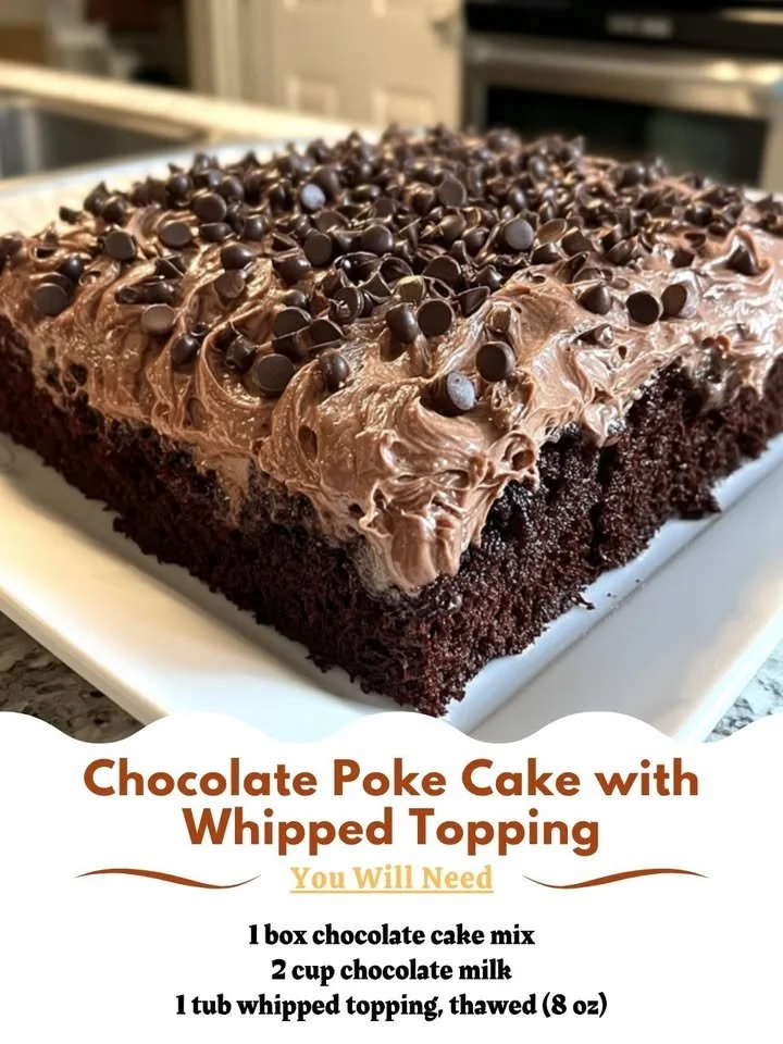 Delicious whipped-topping chocolate poke cake served on a dessert plate