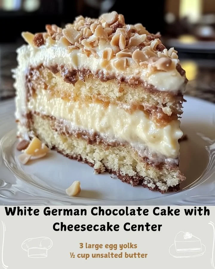 White German Chocolate Cake with Cheesecake Center topped with chocolate and coconut frosting