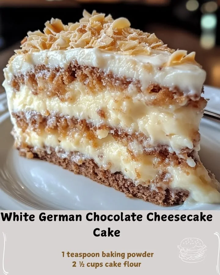 Slice of White German Chocolate Cheesecake decorated with chocolate shavings