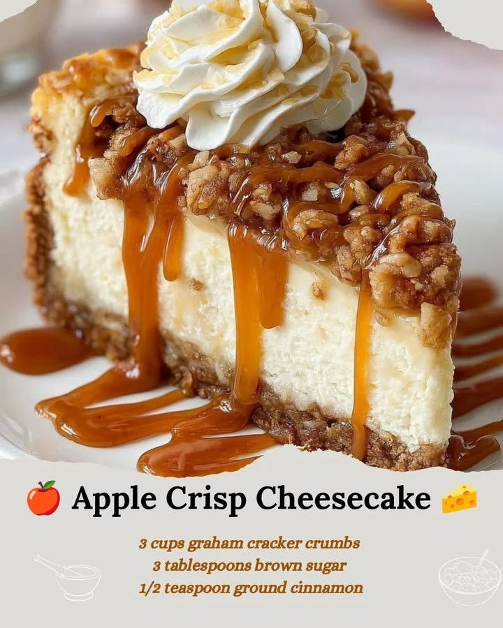 Delicious Apple Crisp Cheesecake topped with spiced apples and crumbly streusel.