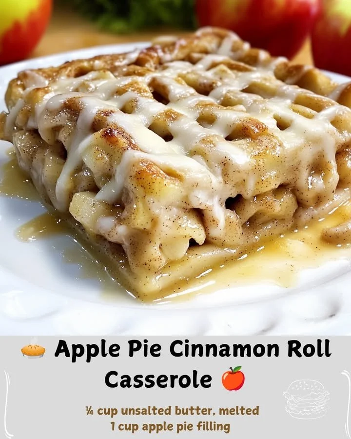 Delicious Apple Pie Cinnamon Roll Casserole fresh from the oven, topped with icing.