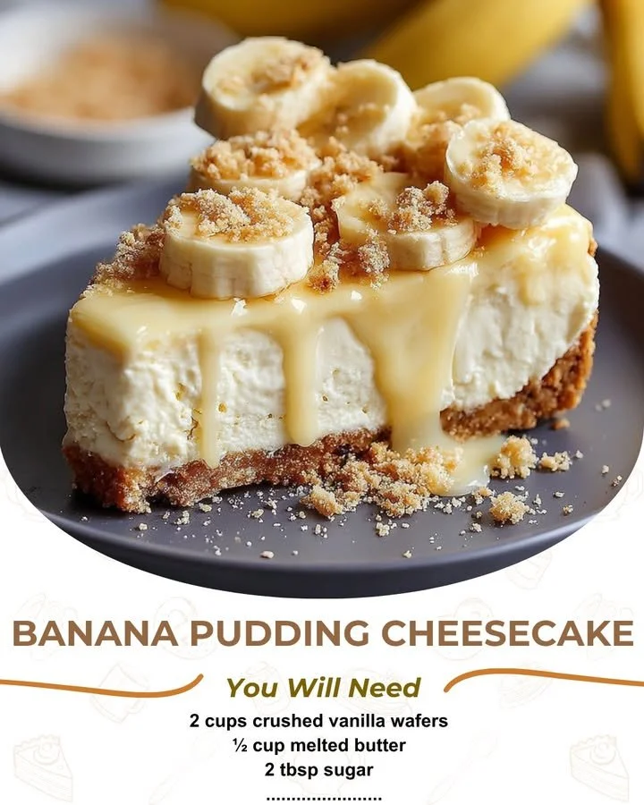 Delicious banana pudding cheesecake topped with whipped cream and banana slices