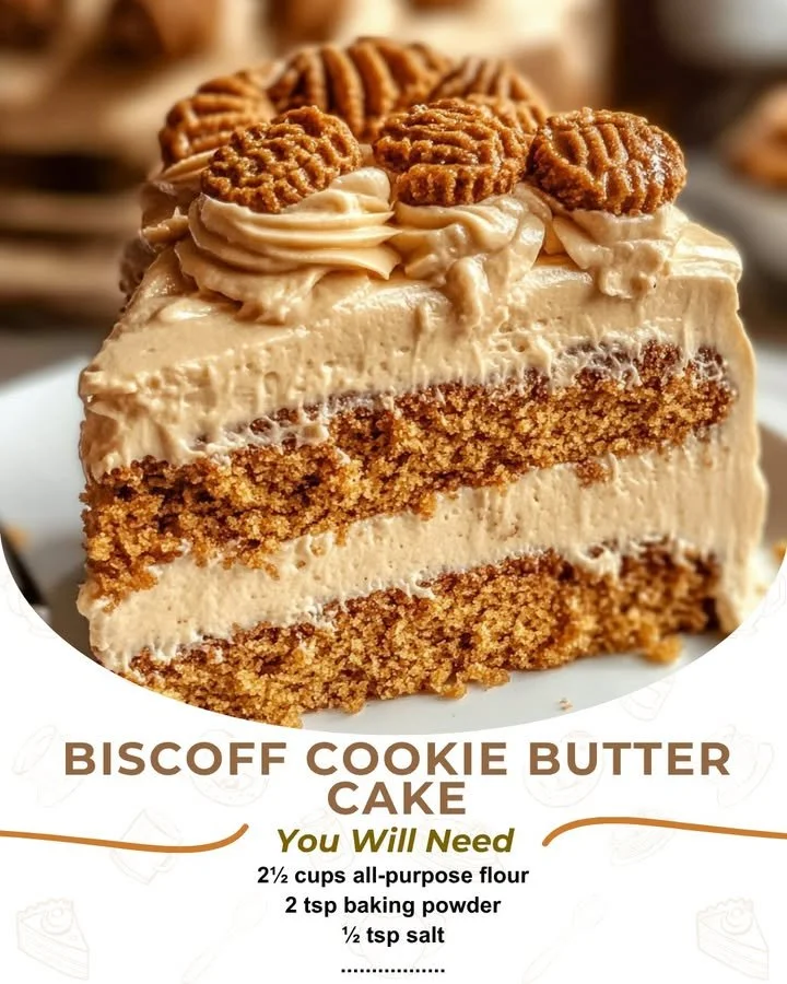 Biscoff Cookie Butter Cake with creamy frosting and cookie crumbs
