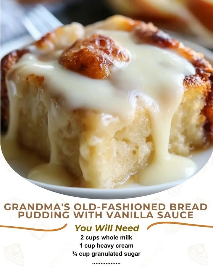 Delicious bread pudding served with homemade vanilla sauce