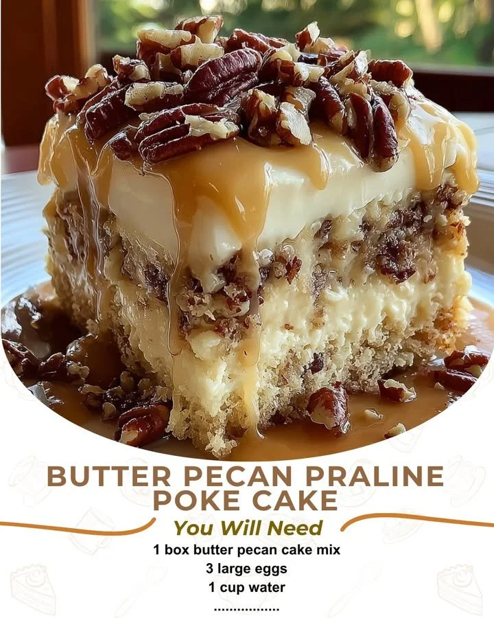 Delicious Butter Pecan Praline Poke Cake topped with praline sauce and pecans.