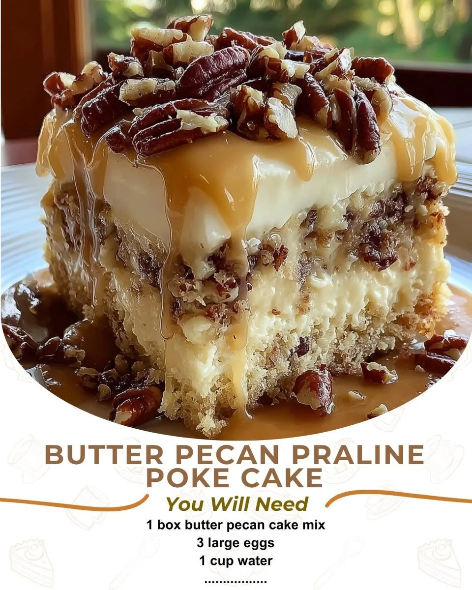 Delicious Butter Pecan Praline Poke Cake ready to be served