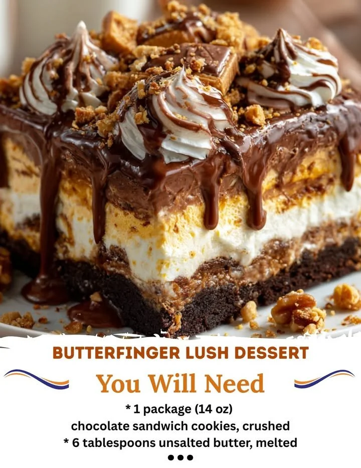 Delicious Butterfinger Lush dessert with creamy layers and Butterfinger candy topping