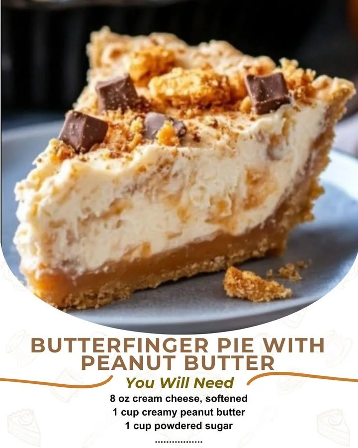 Delicious Butterfinger peanut butter pie with chocolate and whipped cream topping