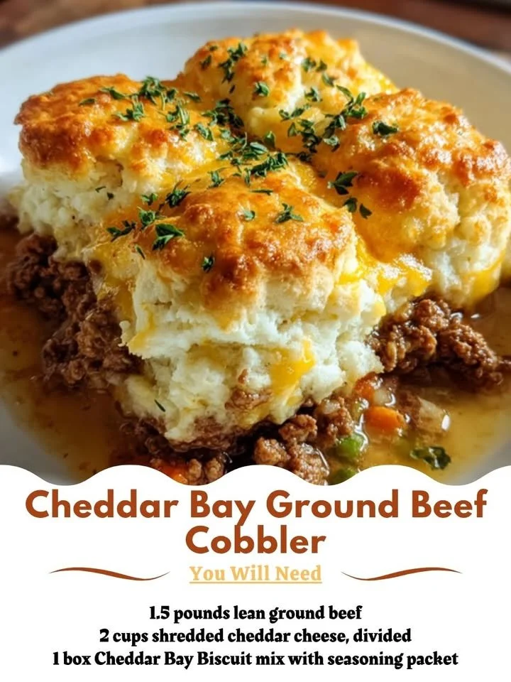 Cheddar Bay Ground Beef Cobbler topped with golden biscuits