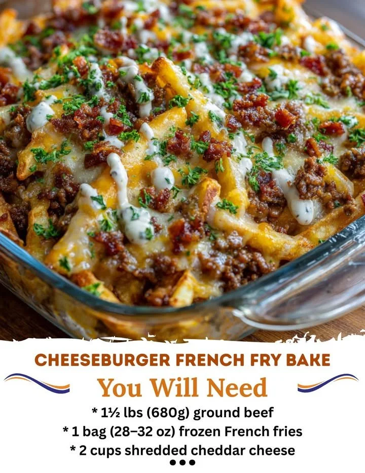 Cheeseburger bake with French fries ready to serve on a plate.