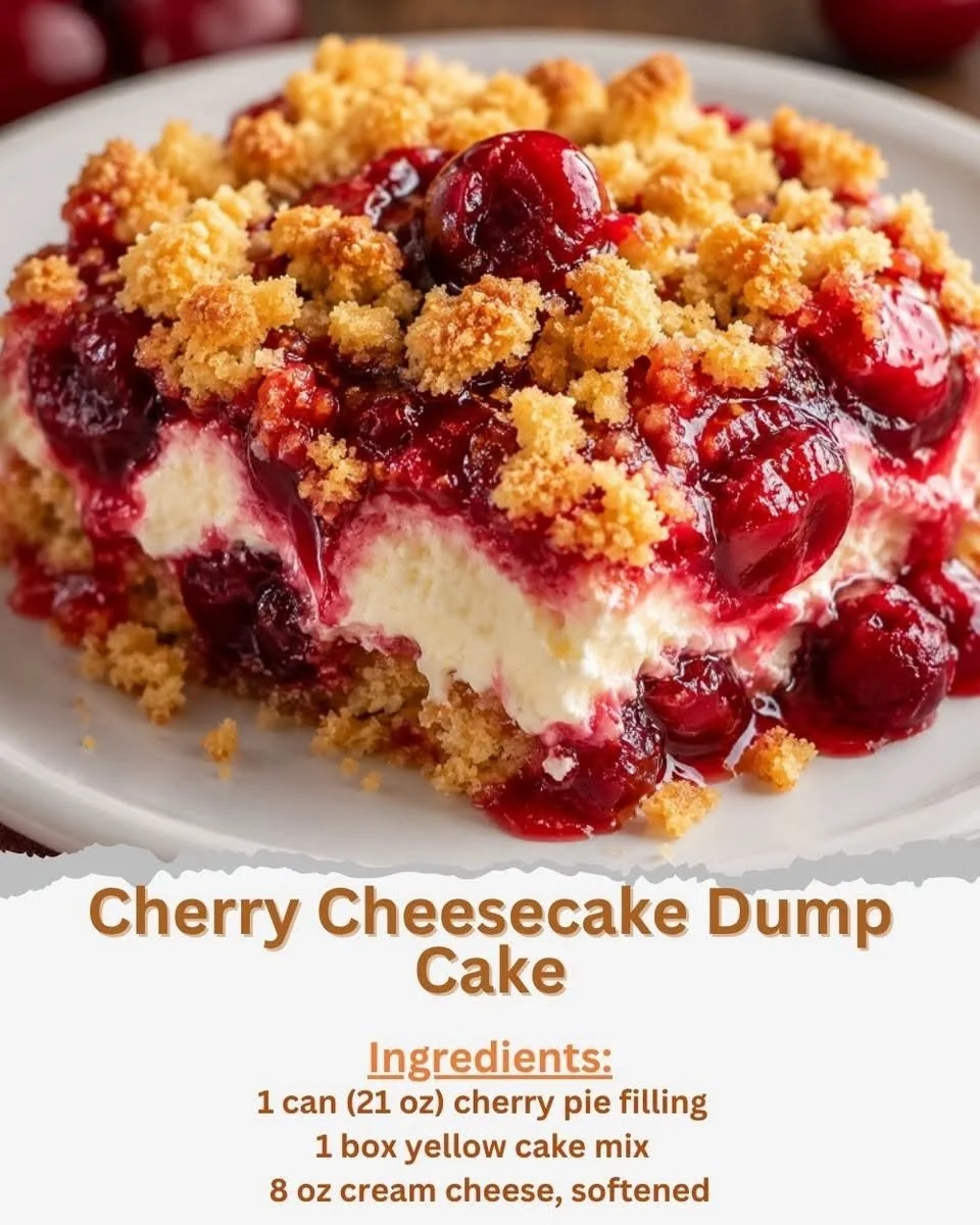 Delicious cherry cheesecake dump cake topped with cherries and cream cheese