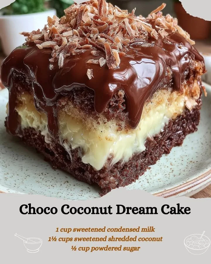 Delicious Choco Coconut Dream Cake topped with chocolate and coconut flakes.