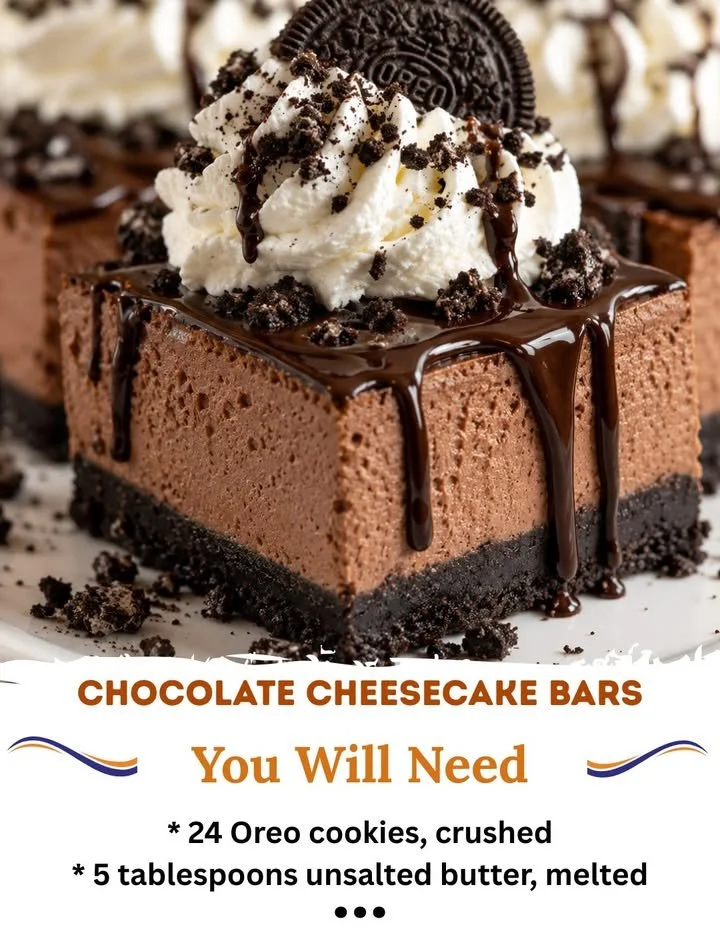 Delicious chocolate cheesecake bars topped with chocolate drizzle on a plate