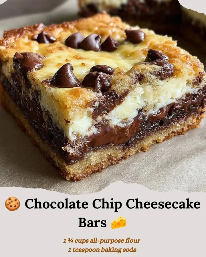 Delicious chocolate chip cheesecake bars on a white plate