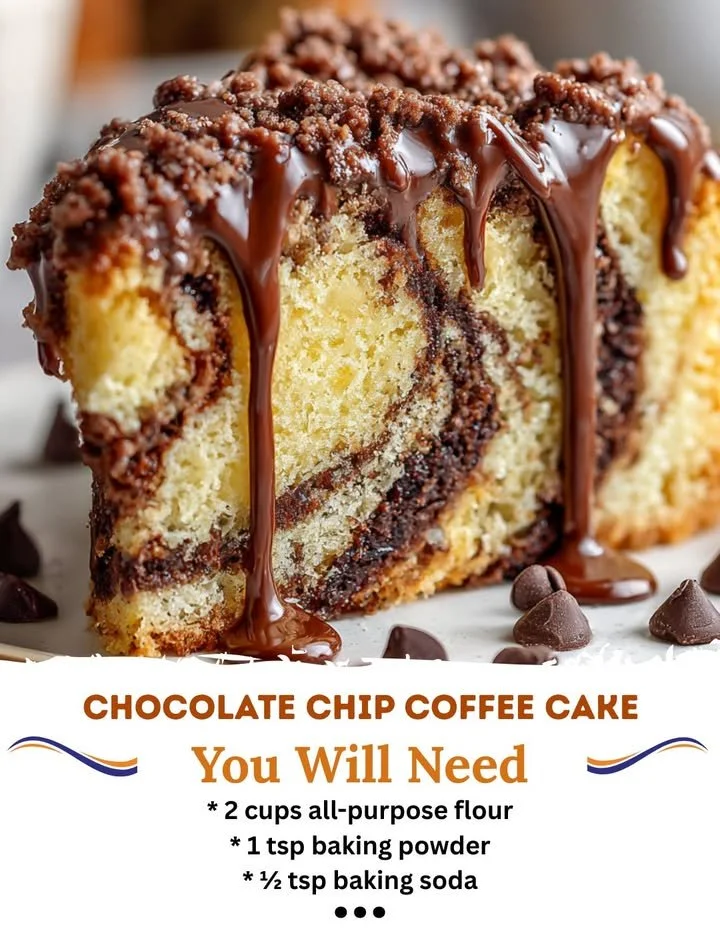 Delicious homemade chocolate chip coffee cake served on a plate