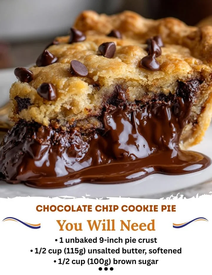 Delicious chocolate chip cookie pie with melted chocolate and cookie crust