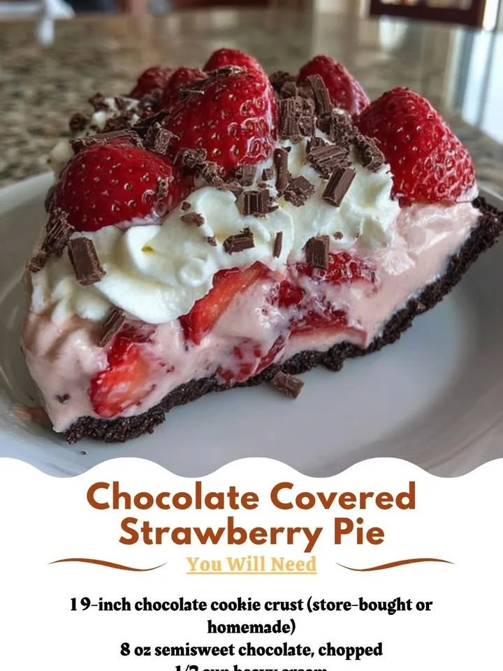 Delicious chocolate covered strawberry pie ready to be served.