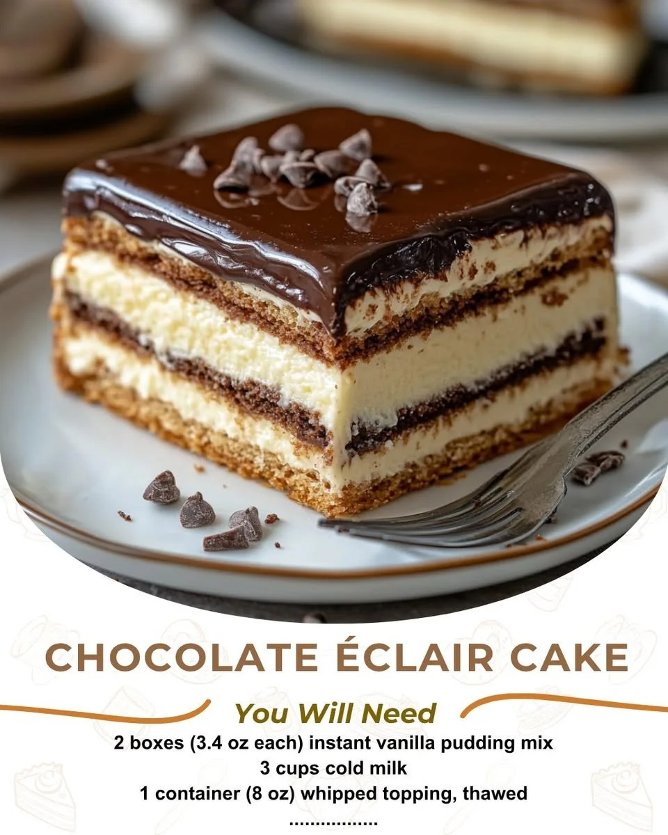 Delicious Chocolate Éclair Cake with layers of chocolate and cream