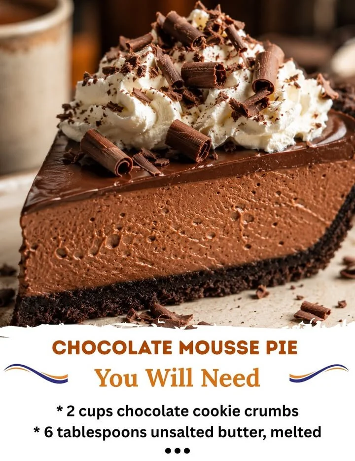 Delicious Chocolate Mousse Pie topped with whipped cream and chocolate shavings