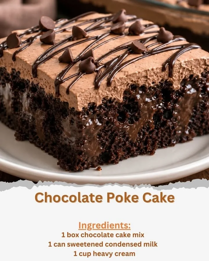 Delicious Chocolate Poke Cake topped with whipped cream and chocolate drizzle.