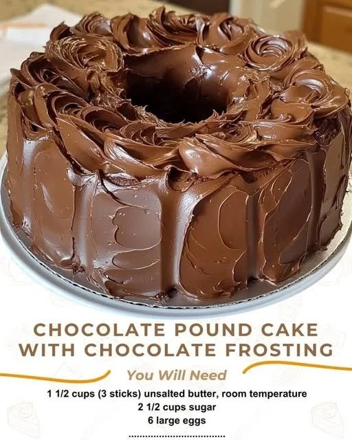 Delicious Chocolate Pound Cake topped with rich Chocolate Frosting