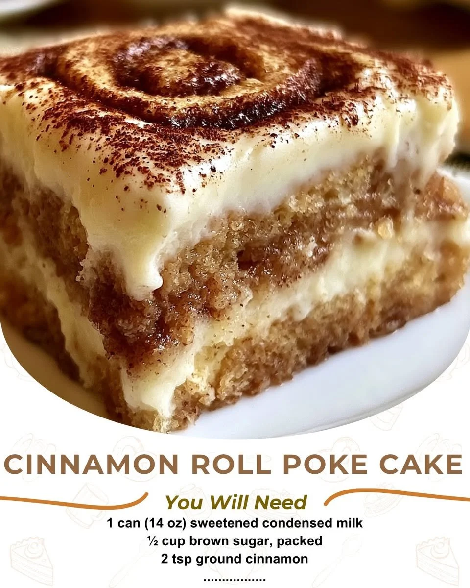 Delicious cinnamon roll poke cake with icing on top, served on a plate