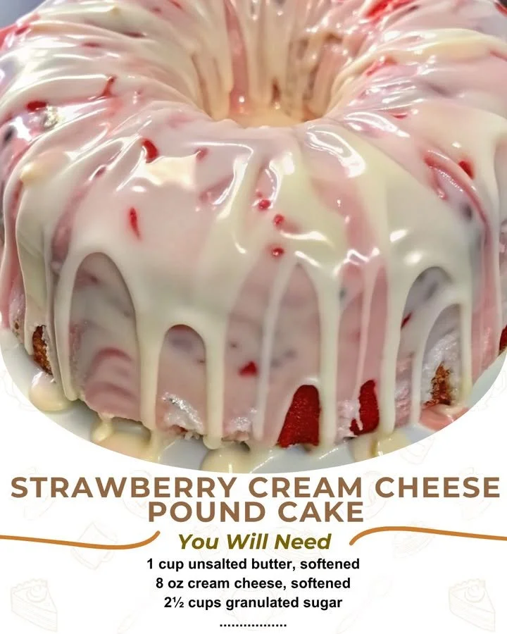 Sliced cream cheese pound cake garnished with fresh strawberries on a white plate.